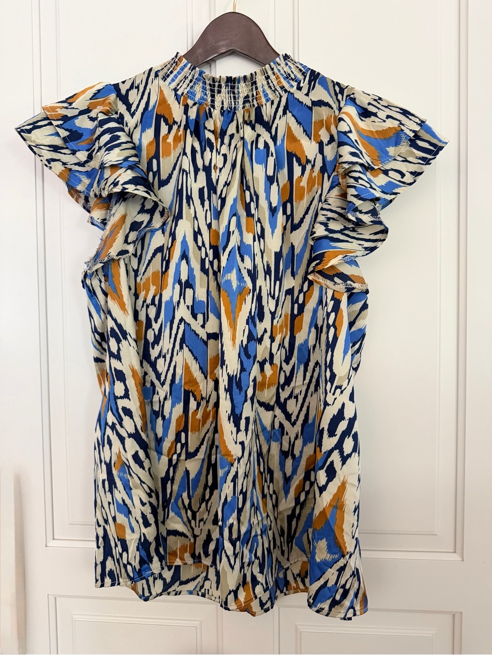 easel Blue, White & Mustard Printed Ruffle Sleeve Top
